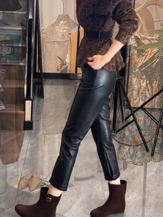 皮裤女士2025新款秋冬款外穿九分小脚裤小个子高级感pu皮打底裤子@抖音小助手