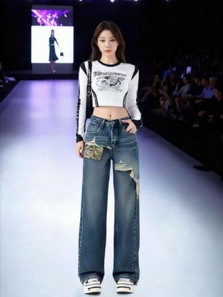 #小个子牛仔裤 #时尚阔腿裤 #小个子蓝色牛仔裤女秋季新款高腰时尚宽松阔腿裤