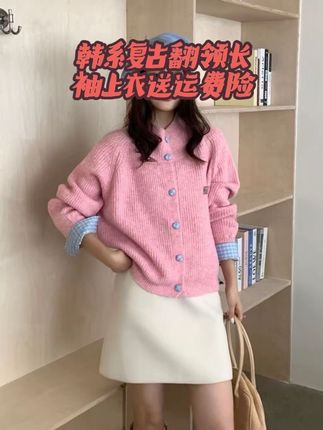 韩系复古灰色翻领长袖针织开衫女秋冬季慵懒风宽松显瘦毛衣外套#韩系穿搭 #仙女必备 #时髦精 #内搭外穿都好看 #毛衣