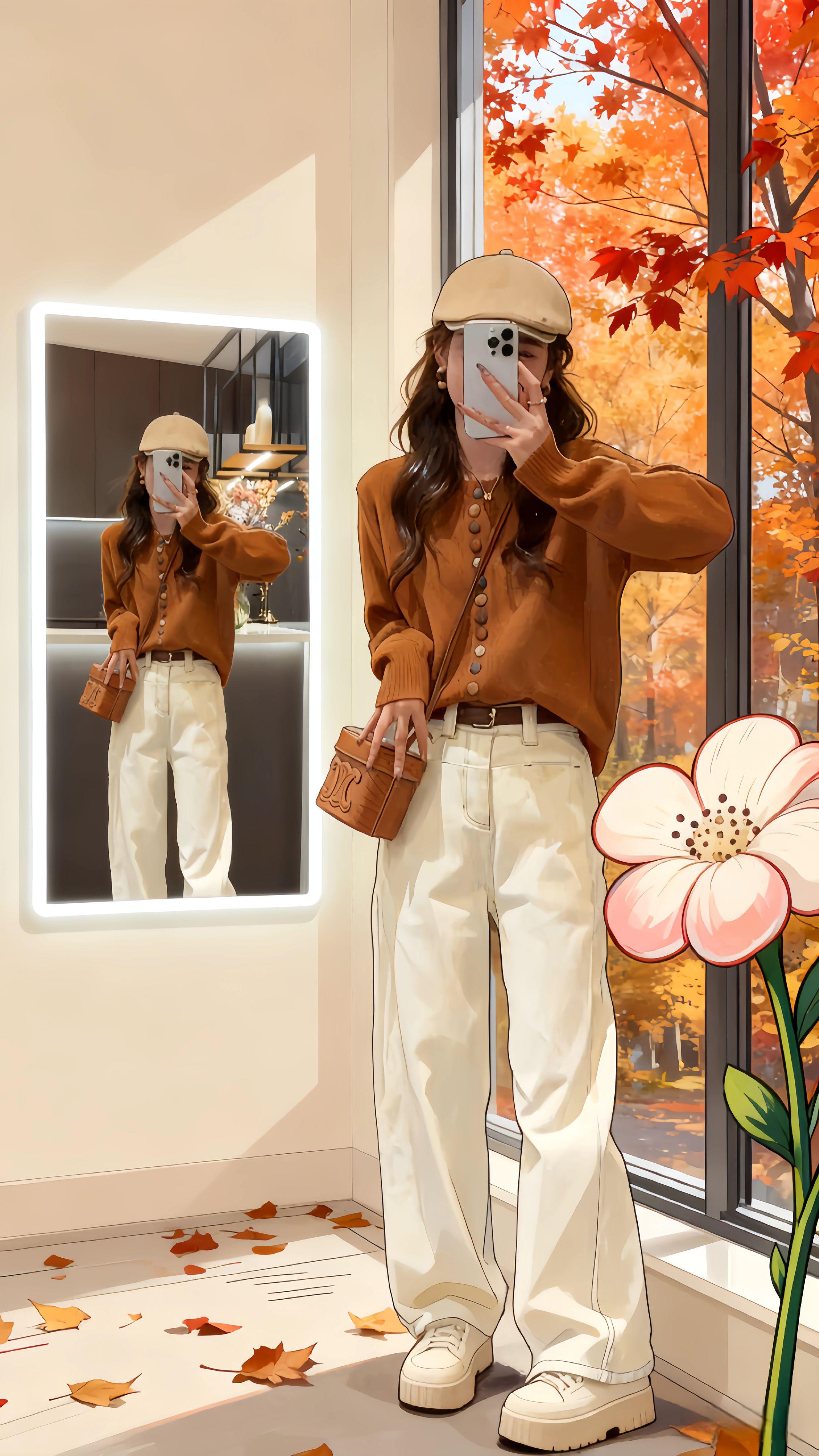 把秋天的焦糖色穿在身上,是温柔漫过衣摆的松弛感。   对着镜中揉进枫叶暖调的自己按下快门,转身在画架前复刻此刻的柔软;或是站在橱窗旁,看同款穿搭落在模特身上,再亲手为它理好腰线——这一套棕与白的适配,是把秋日氛围感穿成日常的浪漫。   连随身的小方包都沾了秋意,脚步踩在落叶上,连时光都慢成了温柔的诗。#秋日穿搭 #韩系松弛感 #焦糖色yyds #早秋ootd #漫画感穿搭