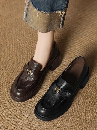 圆头粗跟单鞋#山茶花方头粗跟女鞋 #深口厚底乐福鞋 #一脚蹬乐福鞋豆豆鞋 #方头深口小皮鞋 #春秋款小皮鞋