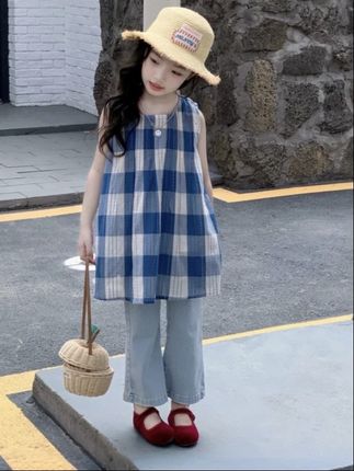 2025夏季款韩系女童小清新洋气格子背心裙女宝时髦百搭牛仔喇叭裤#高品质童装 #夏季穿搭 #萌娃穿搭 #童装上新 #潮童穿搭