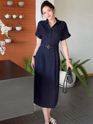 半夏山风/25夏季新款防晒显瘦宽松设计师款老钱风亚麻连衣裙#高级感穿搭 #夏季穿搭 #衬衣穿搭 #优雅气质 #轻奢女装