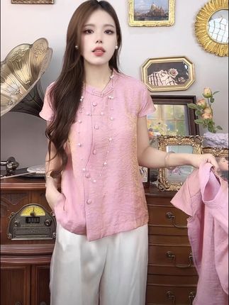 中式立领短袖盘扣国风女装衬衫夏季新款气质显瘦小衫#小众设计感#新中式穿搭#美出高级感#显瘦穿搭#谁穿谁好看
