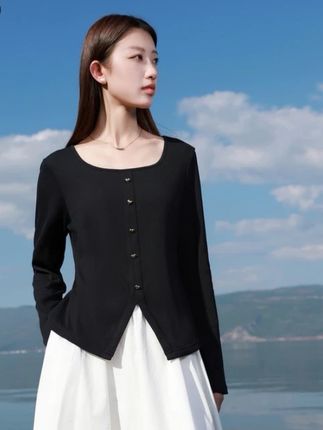 码女装2025秋新款方领罗纹T恤弹力长袖修身爱心#夏季#显瘦#时尚#秋季#遮肉显瘦穿搭