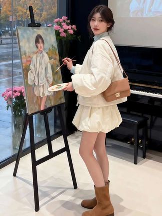 秋季新款女法式气质宽松圆领长袖棉服外套高腰显瘦花苞半身裙#秋季彩色系穿搭测评 #早秋黑白灰穿搭测评 #早秋穿搭三分钟出门不是梦 #秋季微胖穿搭测评#初秋一周不重样穿搭