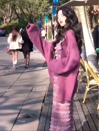 大码女装法式时尚连衣裙2025新款宽松显瘦毛衣外套吊带秋装长裙子