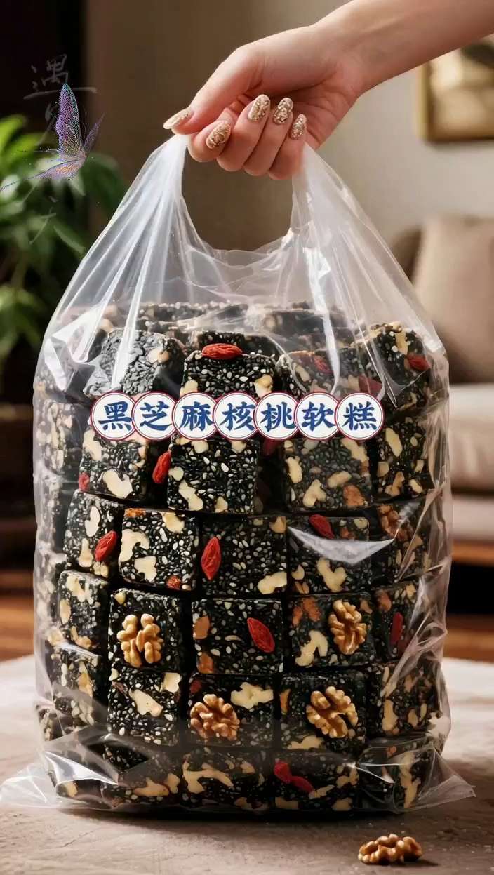 黑芝麻核桃软糕,一口嚼出好营养,选用饱满黑芝麻与大颗核桃仁,慢火熬煮融合麦芽糖,软而不粘牙,每一口都能嚼到坚果的香脆与芝麻的醇香。不用剥壳,开袋即食,无论是早餐配牛奶,还是午后当点心,都很美味!老人孩子都爱吃,把营养与美味藏进软糯里。#超便宜超划算 #追剧小零食 #好吃 到停不下来 #一口吃进大自然 #我就这样吃吃吃