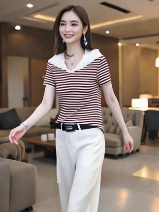 #时尚休闲纹短袖#优雅气质 #洋气减龄 #高端大气 #轻奢女装 谁穿谁好看