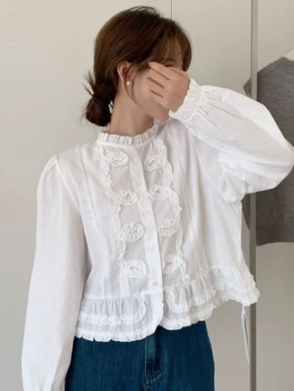 2025秋装新款法式别致独特格子木耳边衬衫女白色宽松显瘦上衣