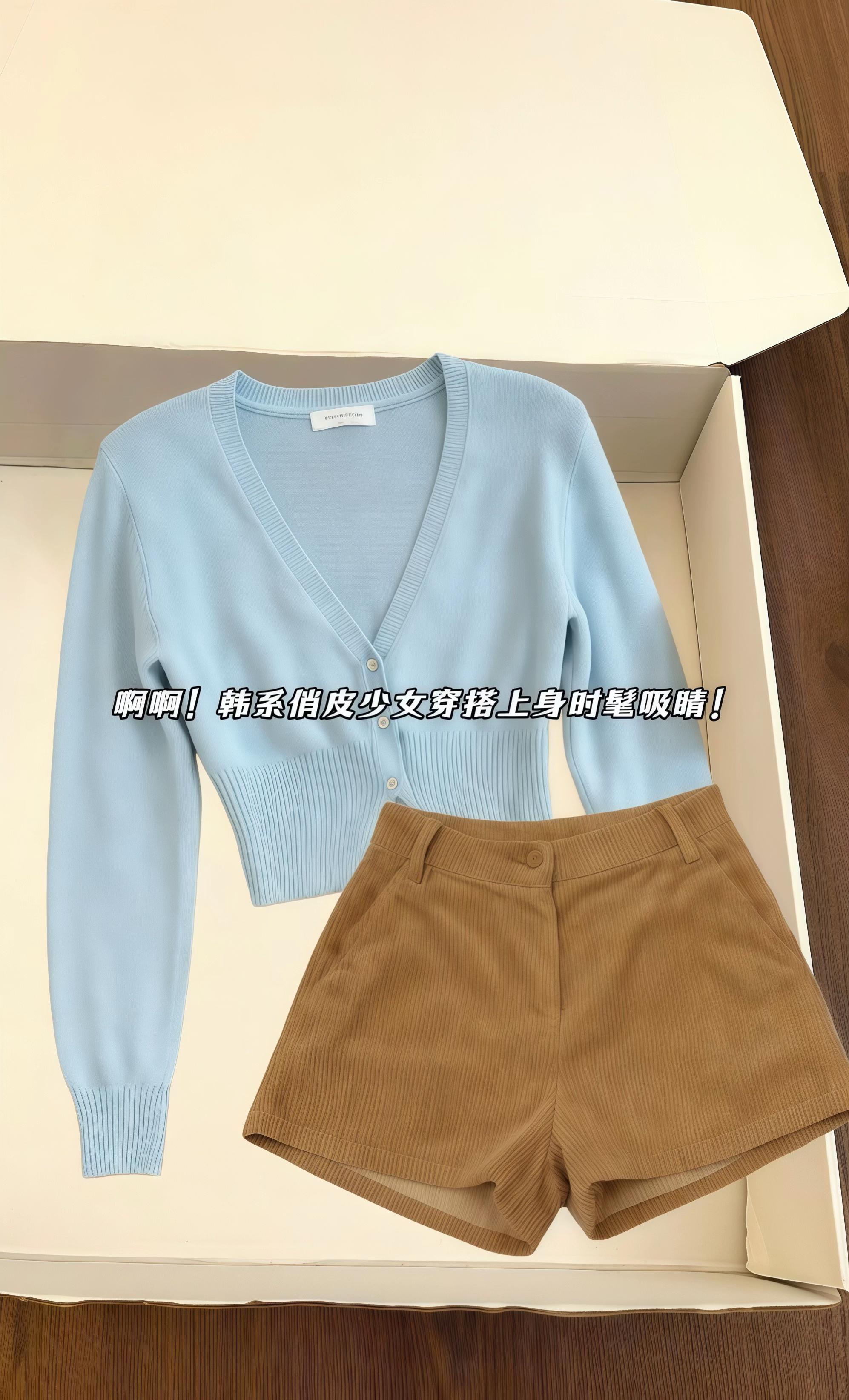 韩系俏皮少女感look~海盐蓝针织衫+黄色高腰短裤上身好韩好显比例!温柔气质的日常穿搭get!#韩系穿搭 #纯欲天花板 #慵懒风穿搭 #甜辣风穿搭 #秋天变时髦就从韩系穿搭开始