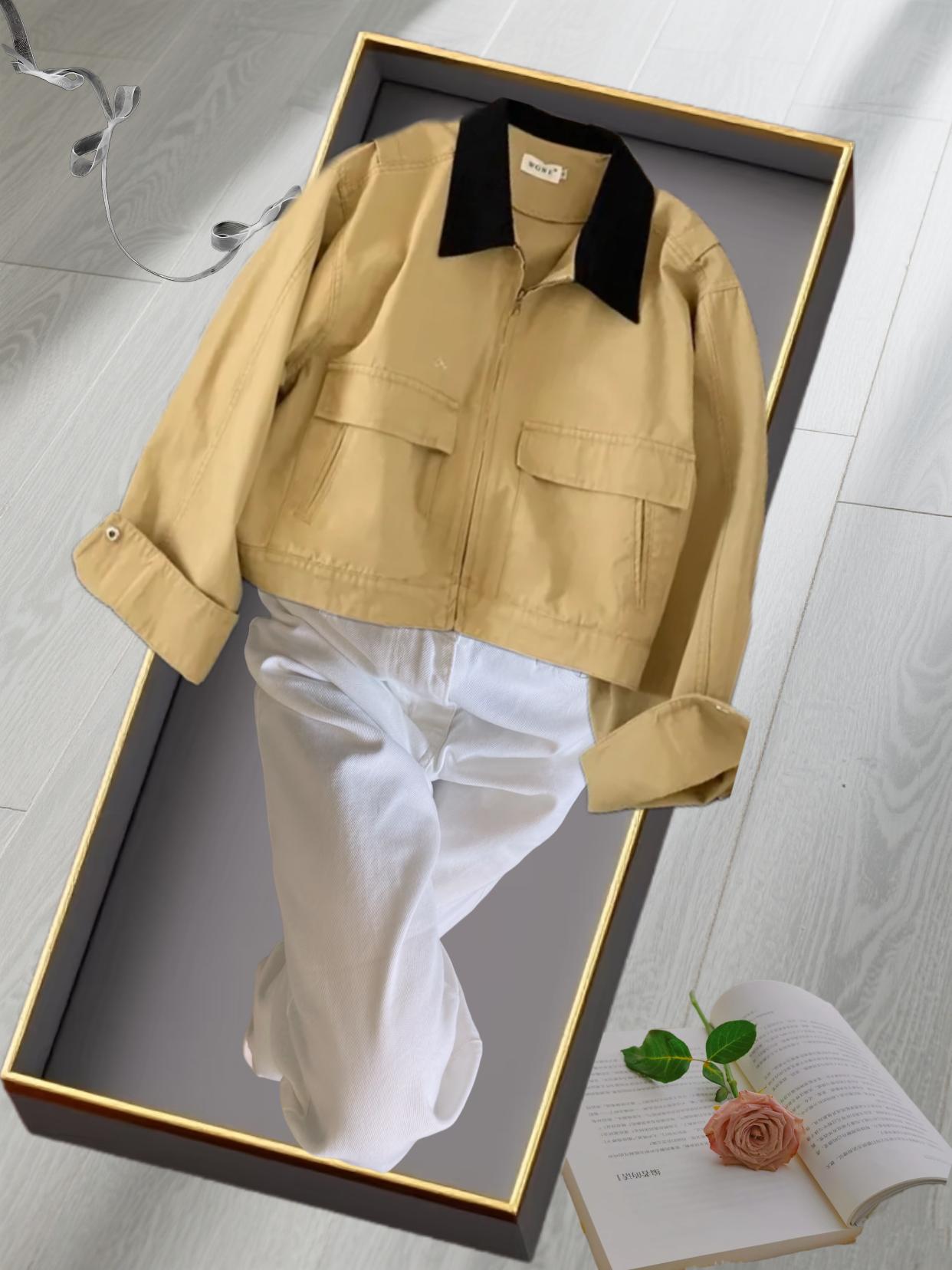 撞色拼接短款外套,美式长袖宽松工装服夹克#穿搭不重样 #酷女孩穿搭 #外套穿搭 #小个子穿搭 #服装时装爱美穿搭时尚潮流
