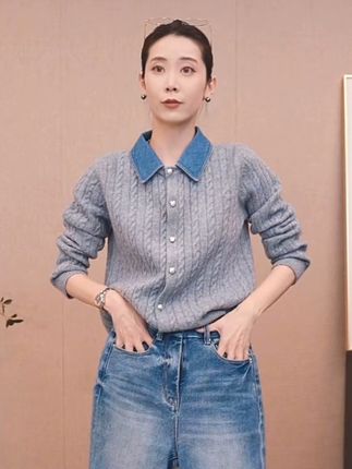 CHENSMCHEN 绵羊毛拼接翻领针织衫女时尚百搭显瘦上衣 #陈什么陈 #羊毛衫 #优雅气质 #高级感穿搭 #轻奢女装