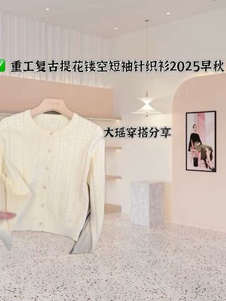 #秋冬穿搭 #小个子穿搭 #针织开衫 #针织衫 #显瘦搭配 重工复古提花镂空短袖针织衫2025早秋女简约休闲纯色毛衣