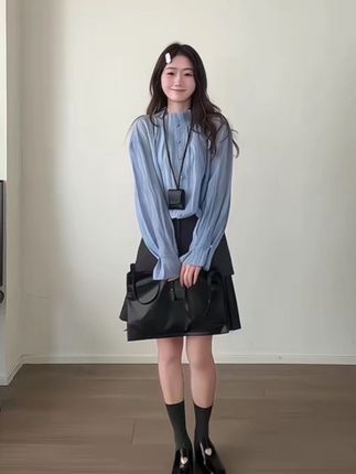 法式立领通勤宽松衬衫灯笼长袖衬衣格纹拼接百褶半身裙短裙女早秋#今日穿搭 #穿搭ootd #穿搭穿搭 #休闲款 #套装穿搭