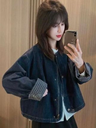 宽松休闲圆领牛仔外套女2025春季新款格子袖口百搭上衣#韩版穿搭 #小个子穿搭