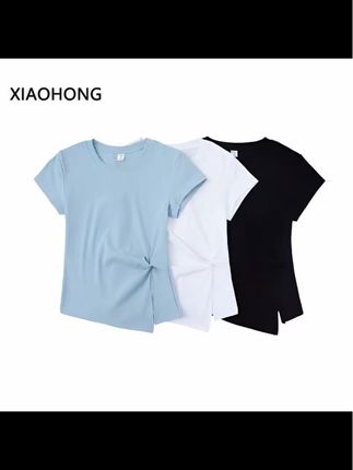 法式减龄圆领正肩短袖T恤女夏季修身设计感褶皱气质上衣