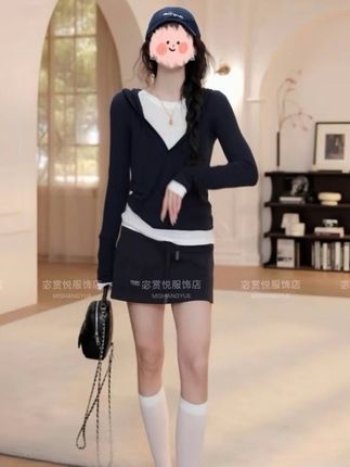 网红洋气女装秋季气质假两件连帽长袖T恤上衣女百搭显瘦卫裙套装#休闲穿搭 #高级感穿搭 #简约穿搭 #显高显瘦