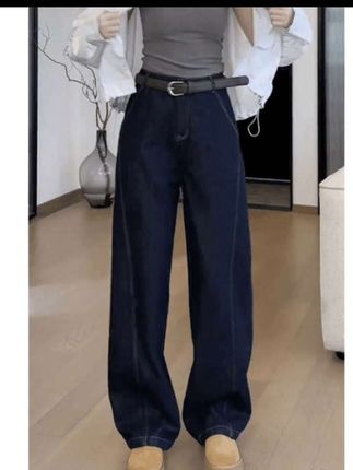 #今日穿搭分享 #春秋新款 深蓝弯刀阔腿牛仔裤女2025秋季新款高腰显瘦小个子百搭直筒拖地裤#休闲风 #小个子显高显瘦穿搭 #百搭休闲