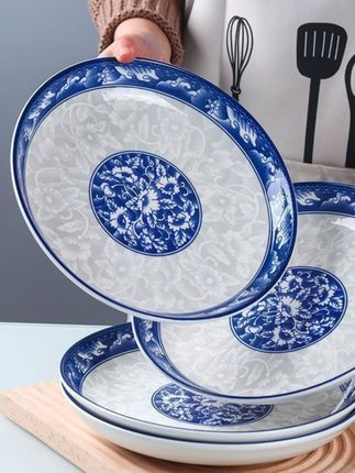 9英寸(4只)青花瓷家用陶瓷菜盘大号盘子加深深盘微波炉适用圆盘#青花瓷餐具 #家用深盘 #高颜值餐盘 #微波炉餐具 #中式餐具