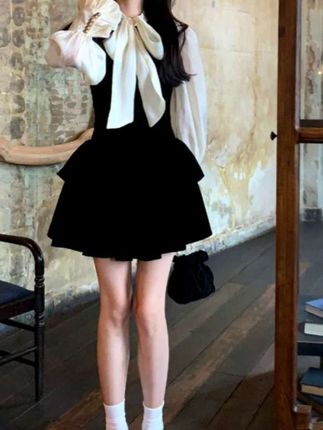 #早秋蝴蝶结长袖衬衫 设计感显瘦连衣裙两件套套装女#显瘦#百搭