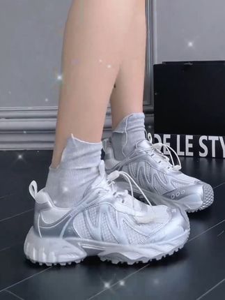 F21银色老爹鞋女2025新款夏季薄单网透气厚底增高百搭休闲运动鞋