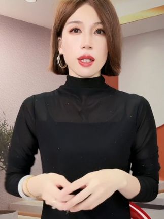 高领烫钻网纱T恤半高领打底衫女2025秋季新款黑色长袖洋气小衫薄