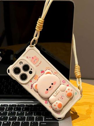 小熊挂绳镜子支架适用iPhone14苹果16手机壳