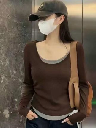 2025秋冬韩版气质撞色假两件修身显瘦洋气百搭简约款打底衫9092#简约穿搭 #高级感穿搭 #百搭显瘦 #穿出高级感 #穿衣显瘦