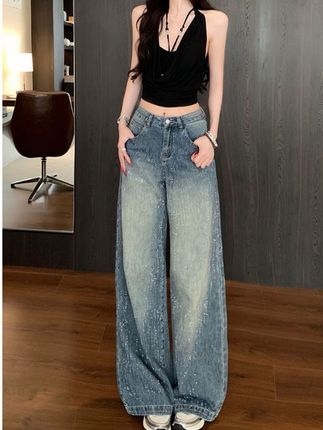 满天星河烫钻阔腿牛仔裤女2025秋季新款高腰宽松显瘦高级感拖地裤#牛仔裤 #辣妹穿搭 #强烈推荐 #梨形身材穿搭 #秒变大长腿