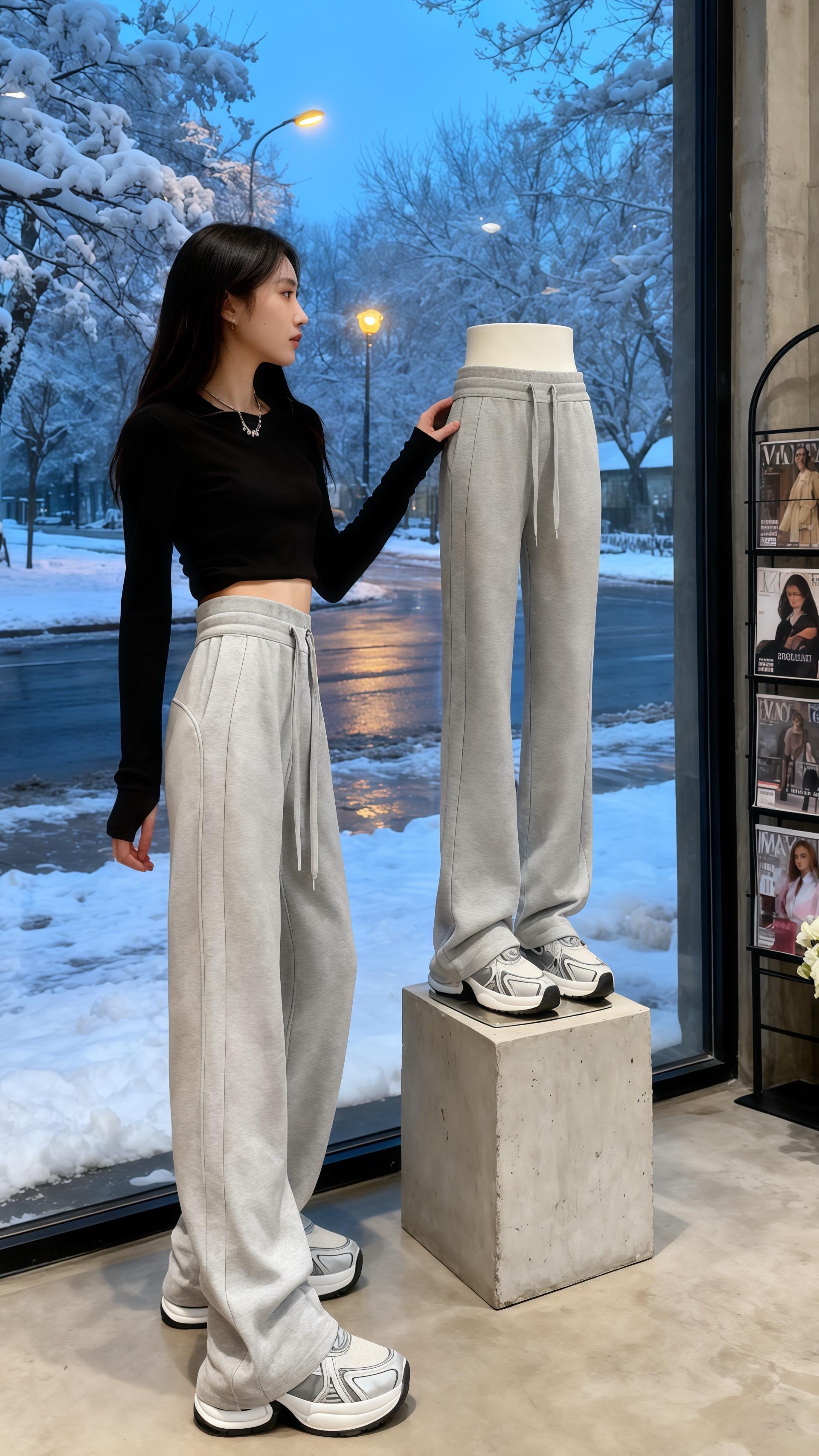 雪日的休闲暖意  初雪那天,晓冉在“ 慢时光” 店试了这条灰色休闲卫裤。  面料柔软亲肤,高腰抽绳设计贴合腰腹,阔腿裤型宽松自在。她搭配黑色短上衣,踩上老爹鞋,往落地窗前一站,连店里的灰猫都亲昵地蹭过来。  窗外雪落满街,屋内暖光柔和。晓冉想起以前穿紧身裤的束缚感,如今这条卫裤让她在冬日里既能窝在沙发看书,又能轻松出门遛弯。  她摸了摸猫的头,觉得这条卫裤就像冬日里的一个温柔拥抱,把舒适与时尚都装了进去,以后的每个雪天,都有它来陪伴了。#梨形身材穿搭 #百搭神裤 #秋冬穿搭 #好穿还显瘦的神裤推荐 #不挑年龄不挑身材