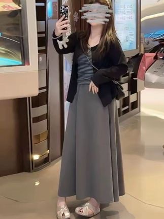 秋季新款条纹吊带长袖开衫外衣显瘦半身裙三件套#秋季穿搭 #修身显瘦套装 #秋季三件套 #半身裙套装 #开衫外套女装