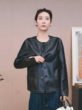 【CHENSMCHEN×JCSO】压白线小圆领短款绵羊皮黑色外套CdSA8001NL#皮衣外套 #高级感穿搭 #优雅气质 #轻奢女装 #陈什么陈