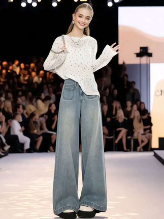 浅蓝色阔腿牛仔裤女爆款2025新款秋季加绒厚款高腰宽松垂感拖地裤#时尚女装#时尚穿搭#阔腿裤#牛仔裤