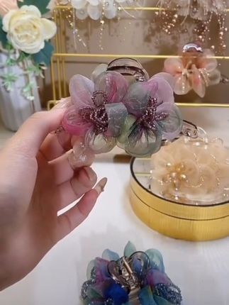 法式晕染梦幻紫色花朵手工娟纱后脑勺抓夹A20@抖音小助手