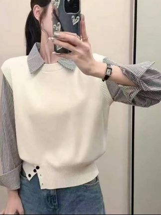 秋冬季针织拼接夹两件毛衣初冬小个子慵懒针织衫上衣#爆款热卖中 #新款上新 #秋季新款 #新款时尚女装 ##秋季穿搭