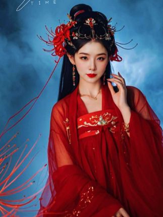 【作品207【】一袭红衣,如火如荼,恍若彼岸花盛开。花开无叶,叶生无花,正如人生聚散有时。🌸🌺 #彼岸花 #原创视频 #ai写真秀