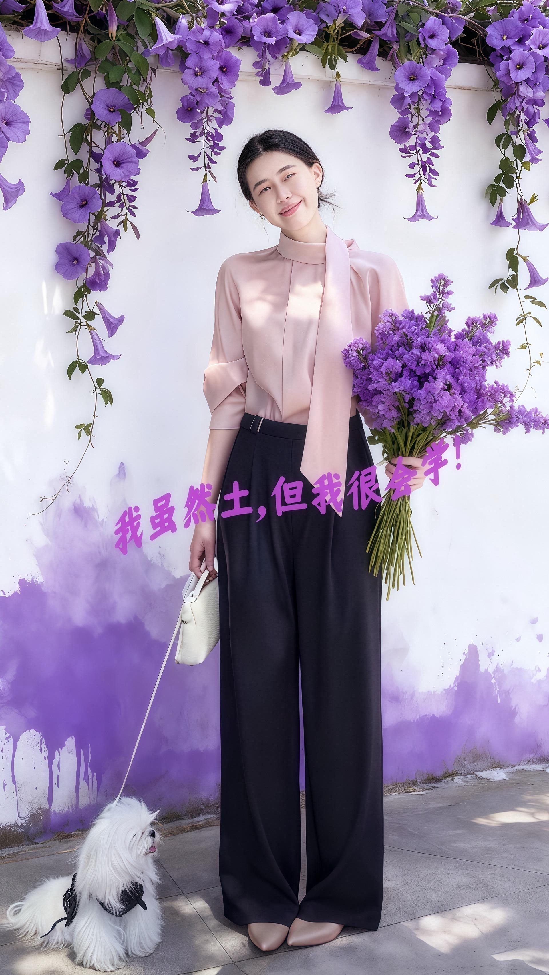 淡粉衬衫与黑阔腿裤,都市丽人的午后小确幸。林晓晓踩着午后的阳光,带着她的马尔济斯犬“糯米”在街角的艺术墙前驻足。淡粉色的真丝衬衫衬得她温婉雅致,领口的飘带随微风轻扬,像是她对生活的浪漫期许;黑色阔腿裤利落垂坠,将职场的干练与日常的休闲巧妙糅合。 她刚结束一场重要的提案,此刻卸下紧绷的神经,让“糯米”在花丛边撒欢。紫色牵牛花攀着墙,与她手中的白色手袋相映成趣。她曾以为职场女性的生活只有报表与会议,直到这套衣服让她发现,优雅可以是谈判桌上的从容,也能是遛狗时的自在。在这座快节奏的城市里,她用一件衬衫、一条长裤,活出了属于自己的平衡与精彩,每一步都走得坚定又温柔。 #轻职风 #衬衫女 #早秋穿搭 #女性职场穿搭 #休闲通勤穿搭