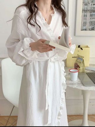 #韩国ins纯欲风简约纱布睡袍 #女款睡袍 #春秋季长袖家居服 #中长款休闲浴袍家居服