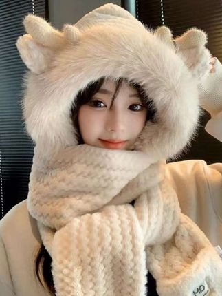 冬天小鹿角毛茸茸保暖护耳三件套双层加厚围巾手套一体帽子加绒M1#帽子 #这也太好看了 #加绒保暖 #一体帽子