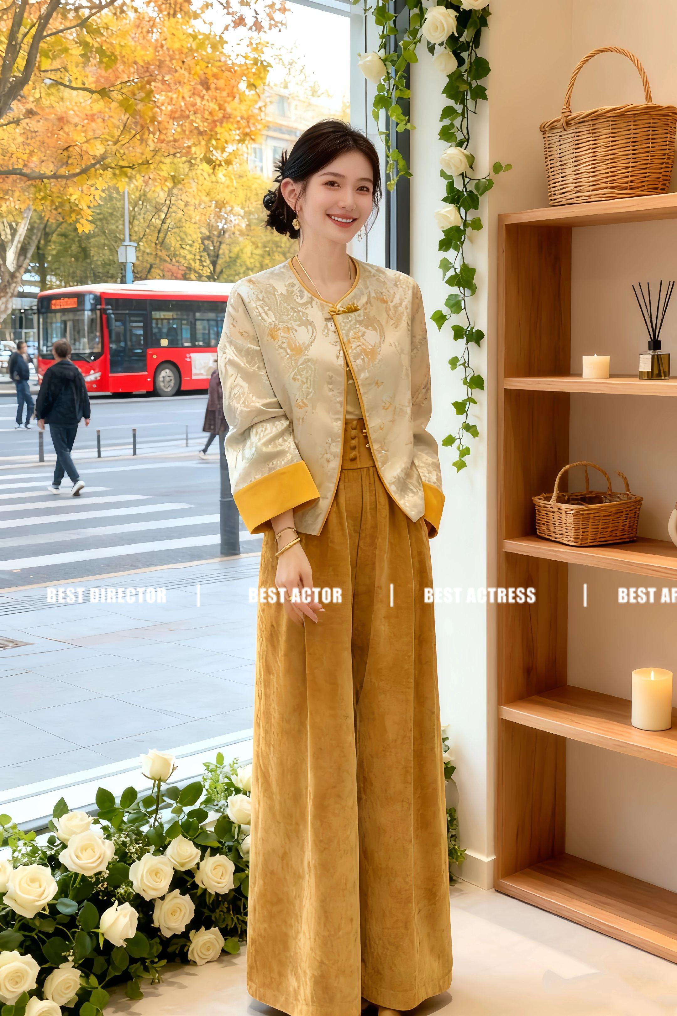 《提花闲趣》 秋阳斜照进女装店,苏晚指尖抚过那套新中式套装。提花外套的暗纹在光下流转,盘扣别致,衬得身姿清雅。搭配的高腰休闲裤利落有型,恰好平衡了复古感。 她换上套装,倚在摆着绿植的木架旁,黑色小包斜挎肩头。窗外黄叶飘落,车内光影掠过衣料纹路。这身穿搭藏着中式韵味,又满是现代松弛感,正合这秋日的温柔。 #新中式穿搭 #这个秋天被琥珀系治愈了 #初秋一周不重样穿搭 #优雅气质 #高级感穿搭