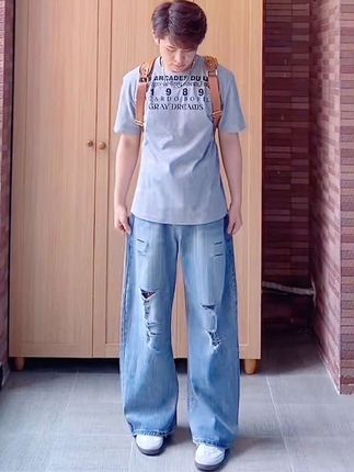 夏季美式cleanfit竹节纹牛仔裤弯刀宽松直筒复古男女同款阔腿裤子 #夏季穿搭 #弯刀裤 #百搭神裤 #腿粗的男生适合穿什么裤子