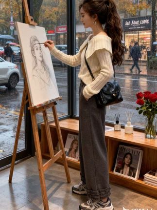 #秋季新款穿搭 #韩系甜美翻领白色针织衫 #高腰木耳花边阔腿裤套装 #时尚两件套