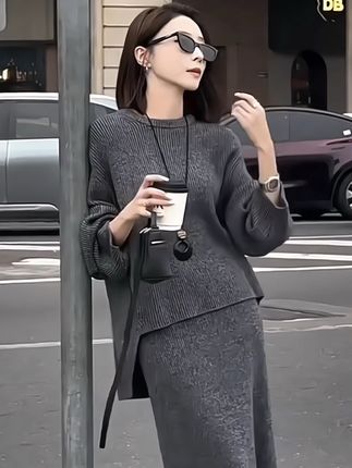 时尚穿搭套装女秋冬新款长袖毛衣针织衫+显瘦中长款:/ 半身裙两件套#谁穿谁好看不分年龄段