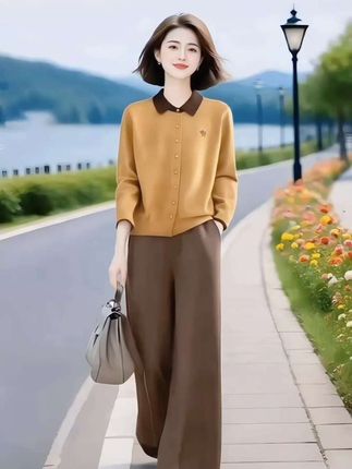 超好看穿搭针织衫撞色翻领上衣气质套装2025春秋长袖阔腿裤两件套#优雅气质 #谁穿谁漂亮 #春秋穿搭 #高级感穿搭 #气质两件套