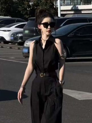 #值了 M158 高级感冷淡风法式领无袖衬衫高腰气质阔腿裤时尚洋气套装#套装