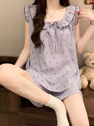 蝴蝶结印花带胸垫睡衣,好舒服!#睡衣 #居家服 #家居服 #面料柔软舒适 #夏季睡衣