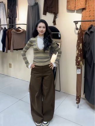 阔腿侧褶A形设计感裤子 #今日穿搭#阔腿裤#咖色裤子搭配