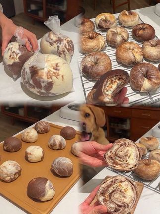 免揉面✨🍫大理石纹贝果~ #烘培 #vlog日常 #烘焙教程 #贝果 #抖音美食创作者