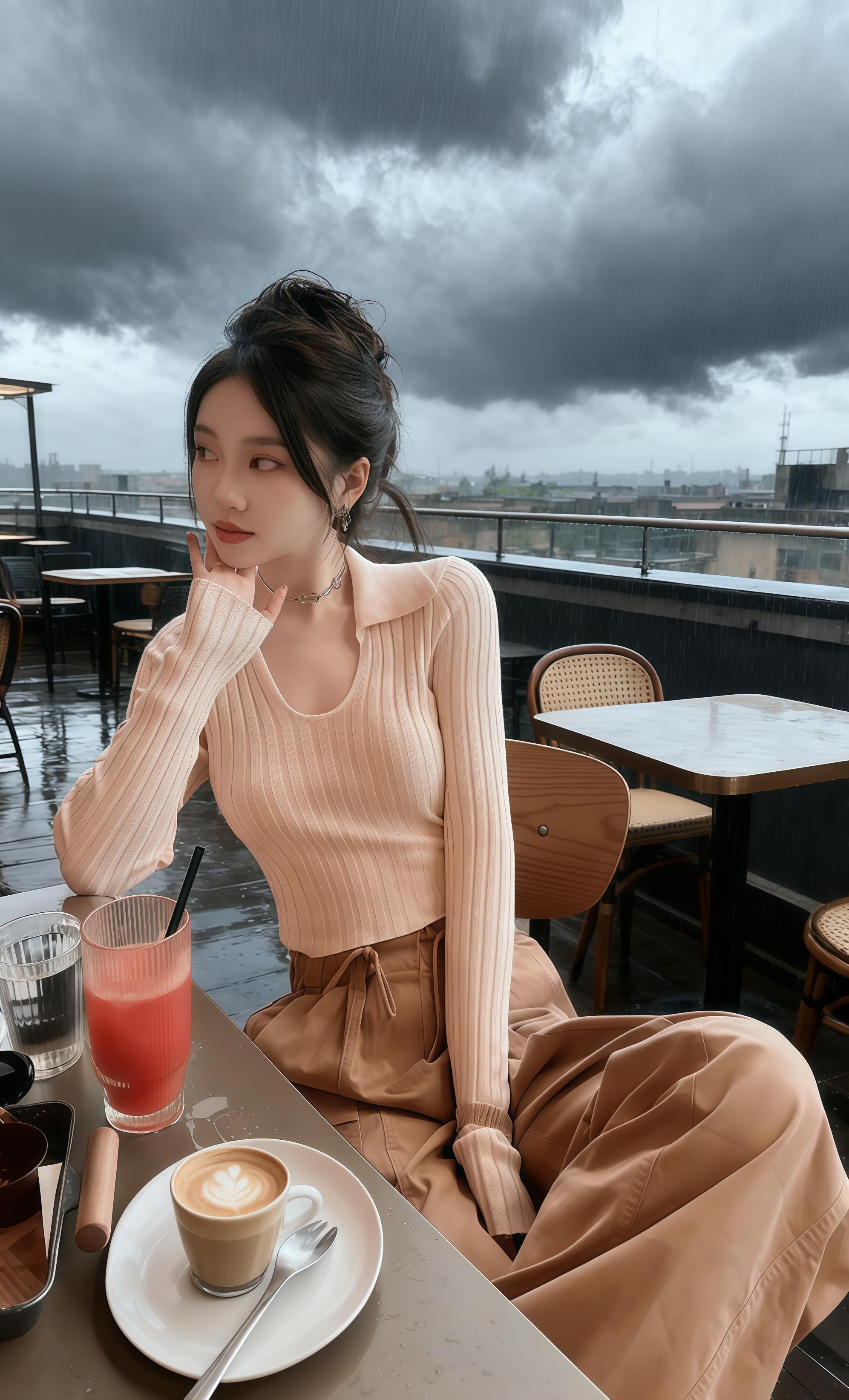 阴雨绵绵的午后,林薇来到天台咖啡馆。她身着浅米色坑条针织衫,领口的设计别致又优雅,搭配卡其色阔腿裤,慵懒又时尚。 找了处靠窗的位置坐下,点上一杯拿铁。看着窗外厚重的云层,听着雨滴轻敲屋顶,她暂时卸下工作的疲惫。指尖划过咖啡杯温热的杯壁,思绪也渐渐飘远,享受这难得的、与自己独处的文艺清冷时光。#随机穿搭挑战 #轻松拿捏慵懒风穿搭 #穿出自己的风格 #中性风入秋穿搭灵感